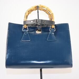 Vintage‎ Dooney & Bourke Navy Leather Bamboo Handle Satchel Crossbody